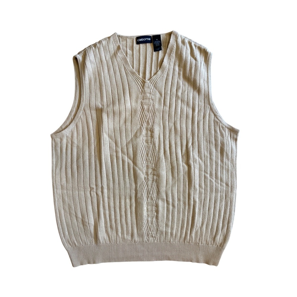 Claiborne Mens Tan Beige Cotton Ribbed V-Neck Sweater‎ Vest Grandpa Teacher